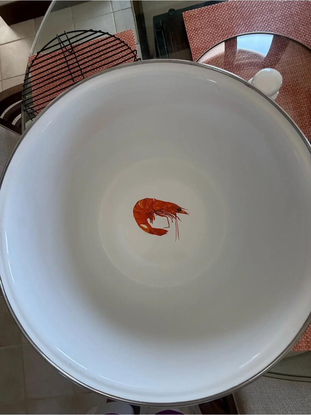 White Ceramic Stock Pot with Red Shrimp Motif - Coastal Kitchen Cookware